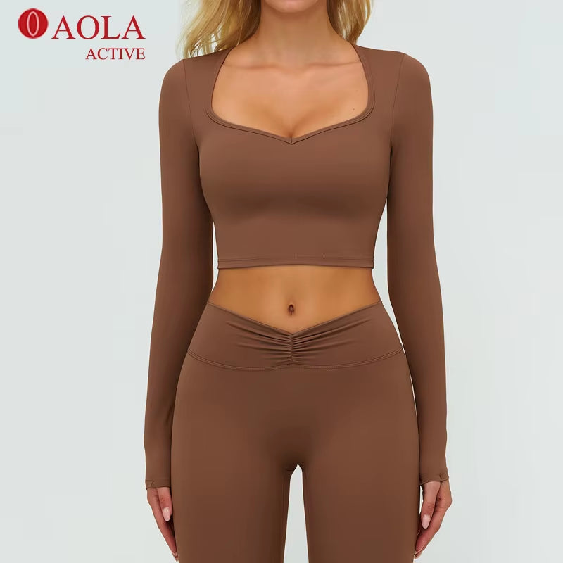Square Collar High Elastic Tight Slim Sport Comfortable Yoga Long Sleeve Crops Top for Woman