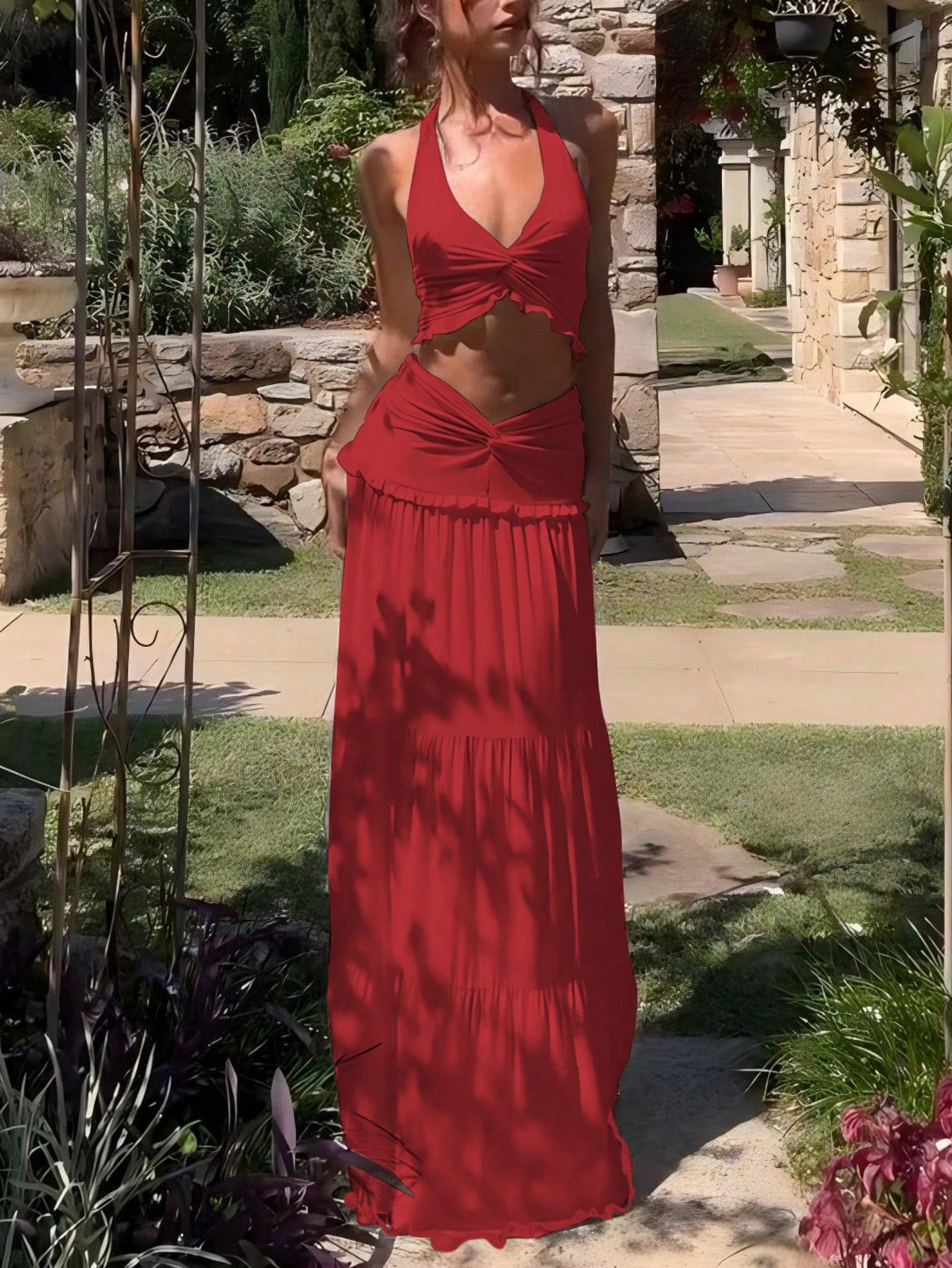 Women Casual Ruched Ruffled Slim Halter Crop Top&Skirt Spring Summer Party Vacation Night Out 2 Pieces Sets