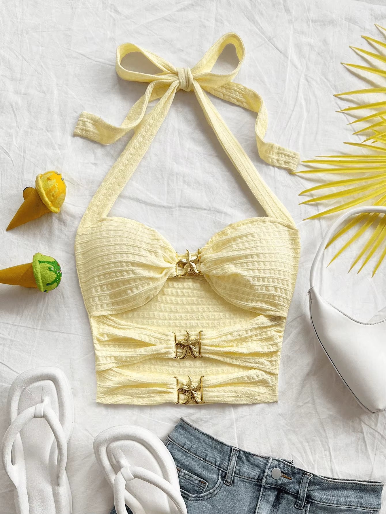 Pure Desire Style, Hollowed-Out Five-Pointed Star Inlaid Design, Slimming, Versatile Halter Top for Summer