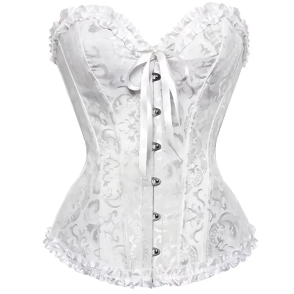 Women Overbust Corset Korset Basques Floral Lace Top Bustier Jacquard Lingerie Corselet