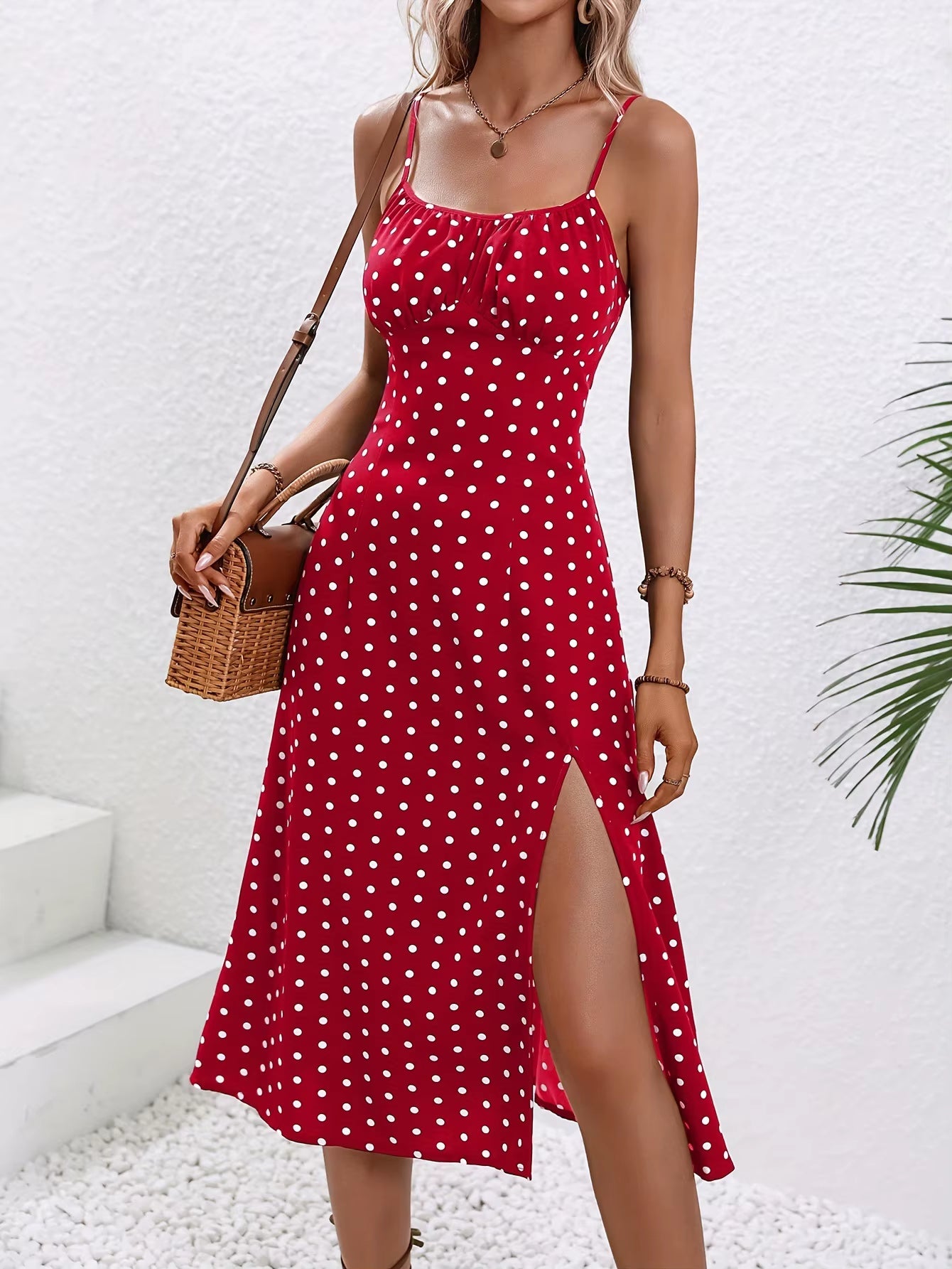 2024 Women Floral Print Spaghetti Straps Summer Boho Beach Dress Print Elegant Suspenders Square Neck Slit Dress Vestidos