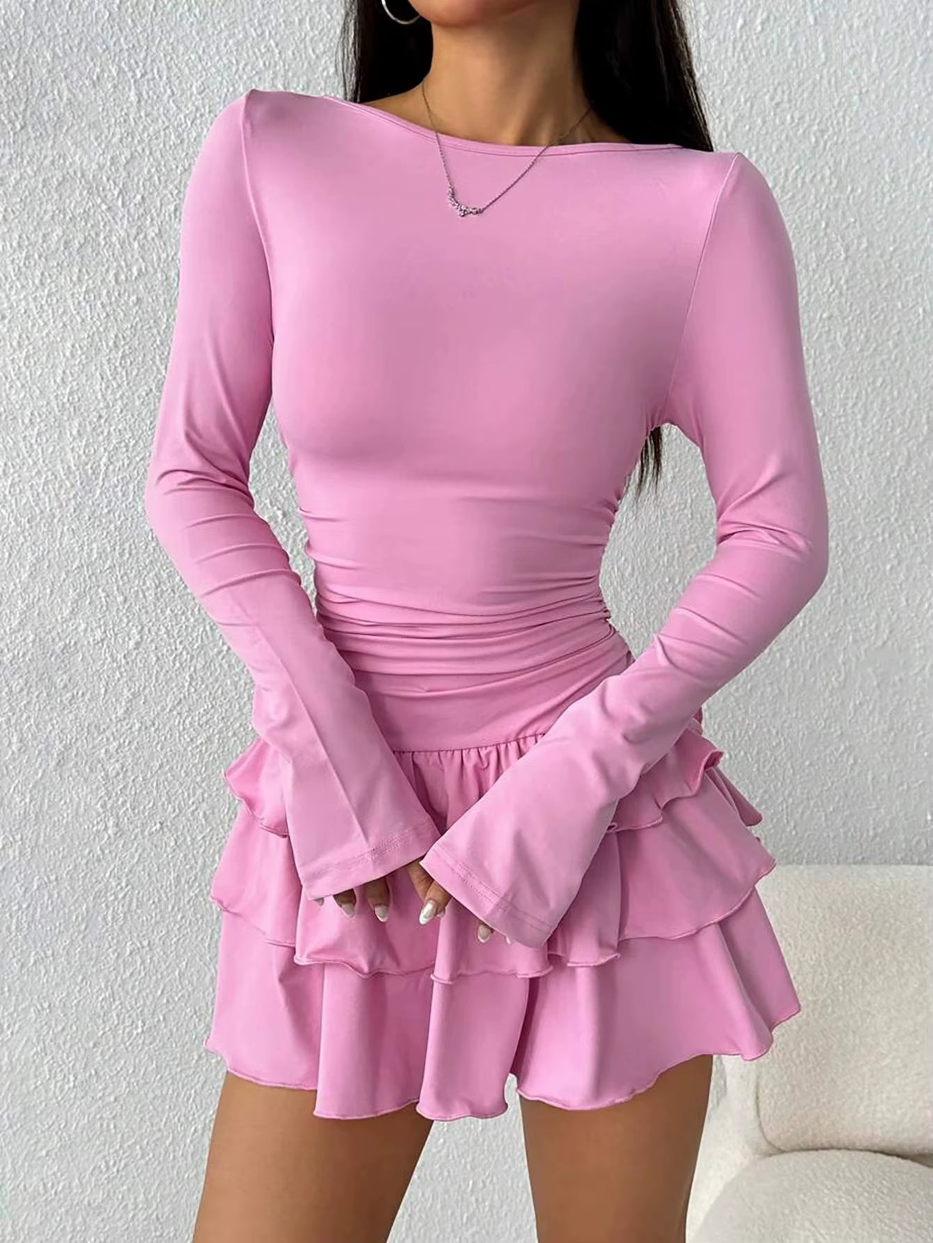 2025 New Fashion Solid Color Long Sleeve Ruched Bodycon Mini Dress Tiered Ruffle Hem Casual Short Dresses for Women