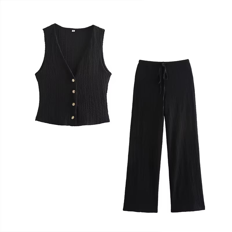 Women Fashion 2 Piece Set Solid Single Breasted Tank Tops & Vintage High Elastic Waist Pants Female Chic Pants Suit