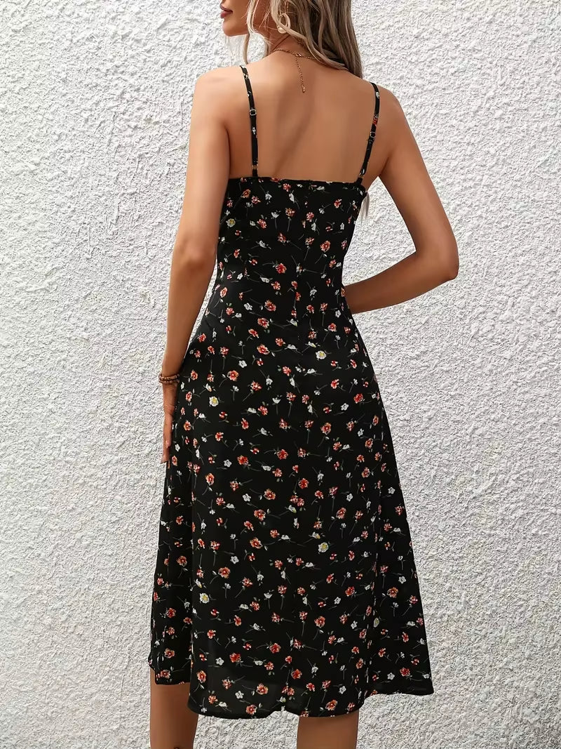 2024 Women Floral Print Spaghetti Straps Summer Boho Beach Dress Print Elegant Suspenders Square Neck Slit Dress Vestidos
