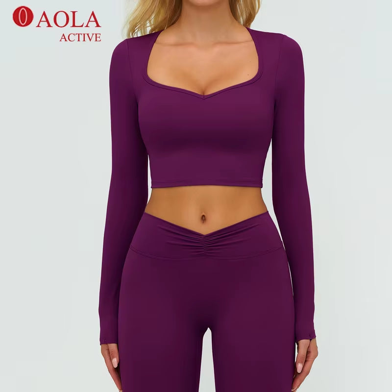 Square Collar High Elastic Tight Slim Sport Comfortable Yoga Long Sleeve Crops Top for Woman