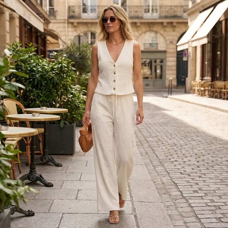 Women Fashion 2 Piece Set Solid Single Breasted Tank Tops & Vintage High Elastic Waist Pants Female Chic Pants Suit