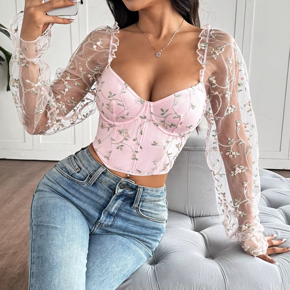 Sexy See through Patchwork Strapless Women Crop Tops Backless Lace up Fitness Corset for Woman Y2K Tops Sexy Mesh Blouse