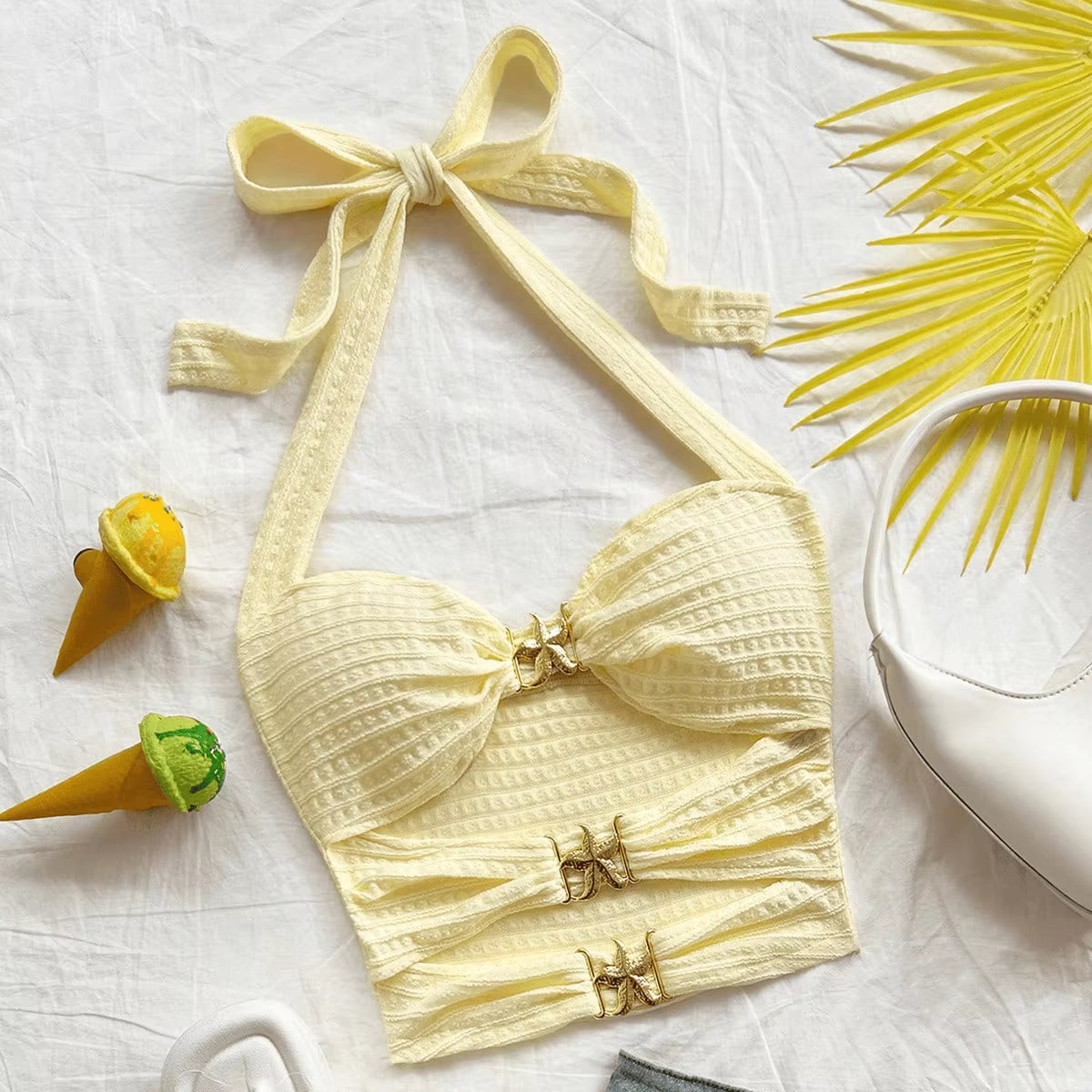 Pure Desire Style, Hollowed-Out Five-Pointed Star Inlaid Design, Slimming, Versatile Halter Top for Summer