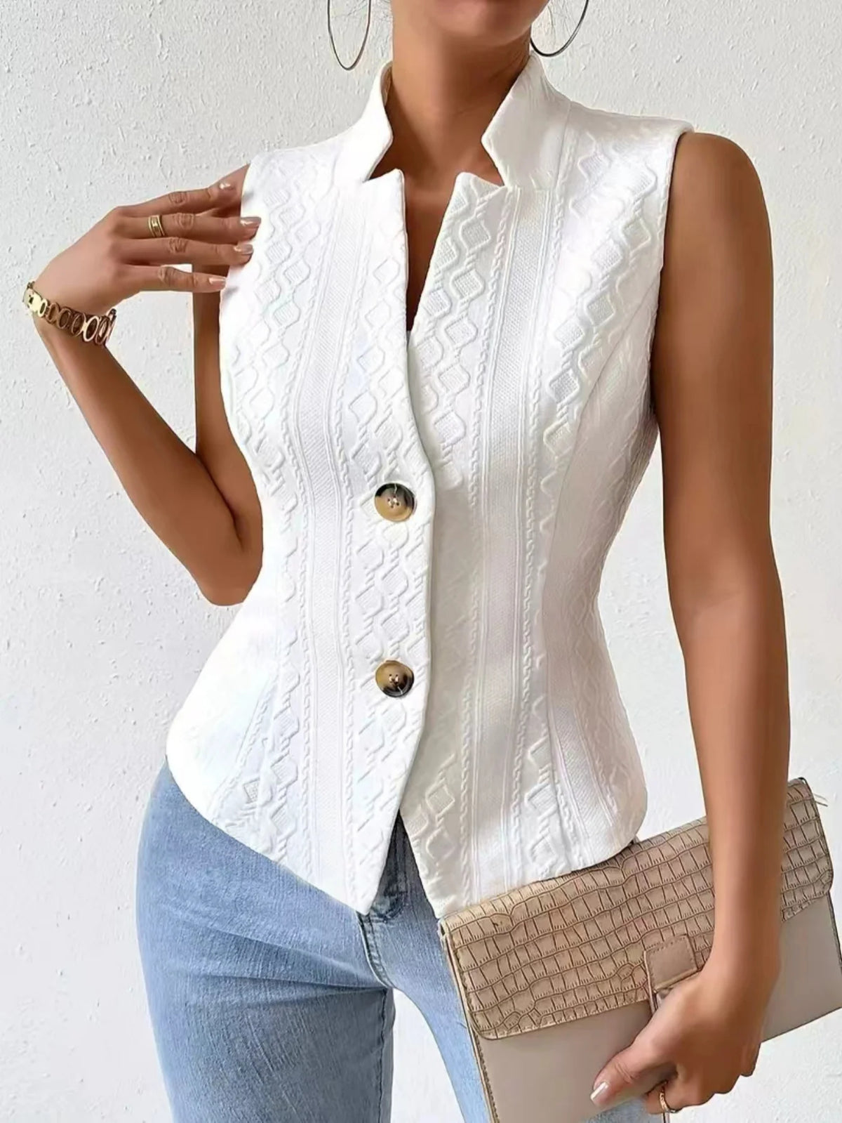 Women'S Elegant V-Neck Sleeveless Blazer Vest Solid White Textured Button-Down Slim Fit Waistcoat Top