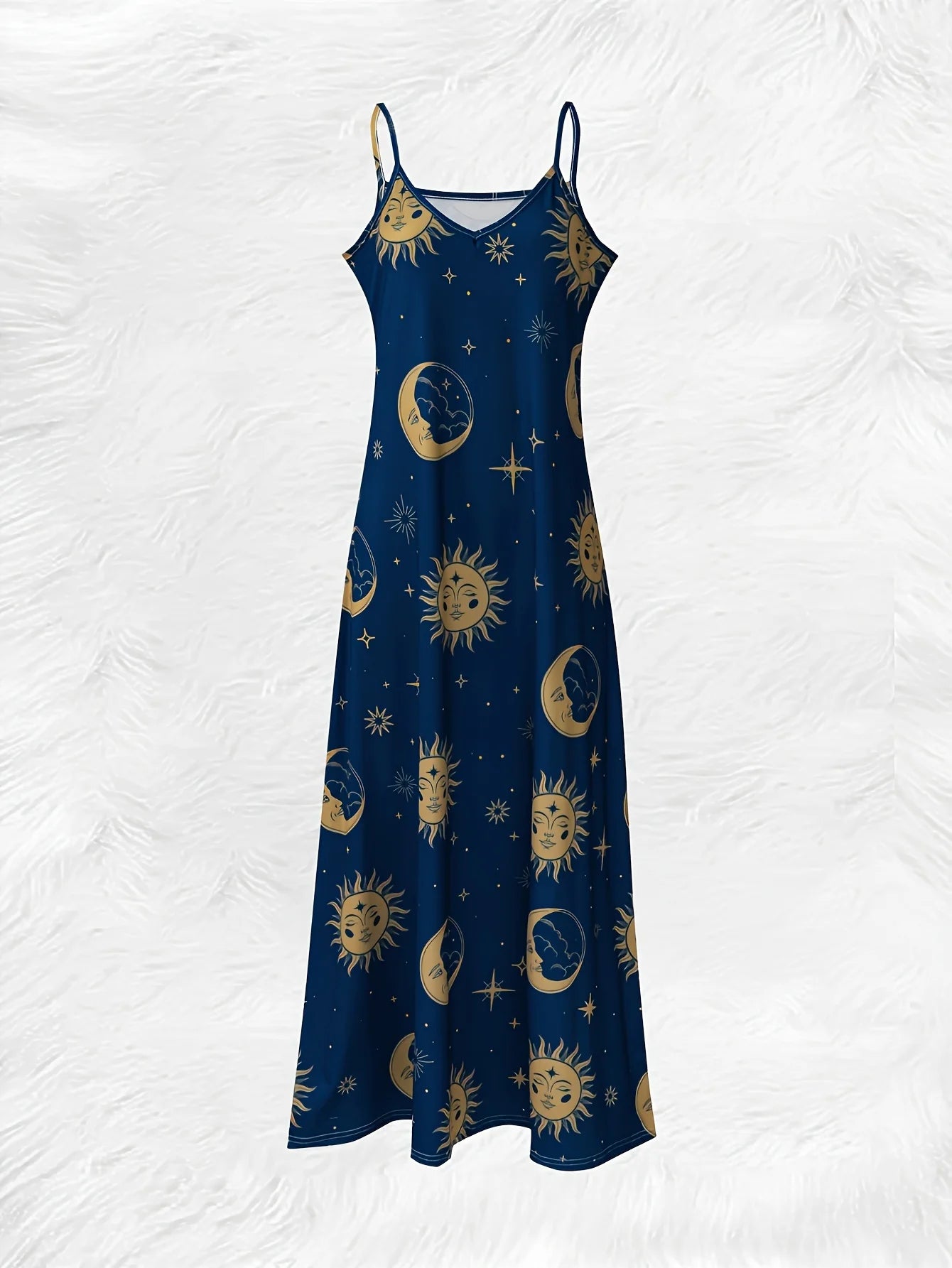 Printed Design Four Seasons Casual Style Sun Moon Stars Pattern Print V-Neck Sling Dress