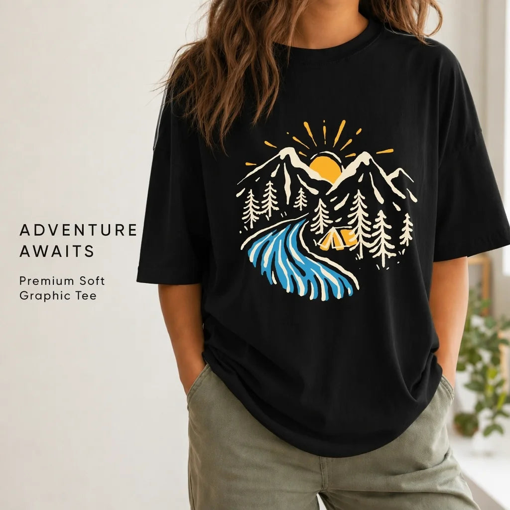 Women'S Mountain Camping Graphic T Shirt 100% Cotton Oversized Crew Neck Short Sleeve Outdoor Adventure Tee