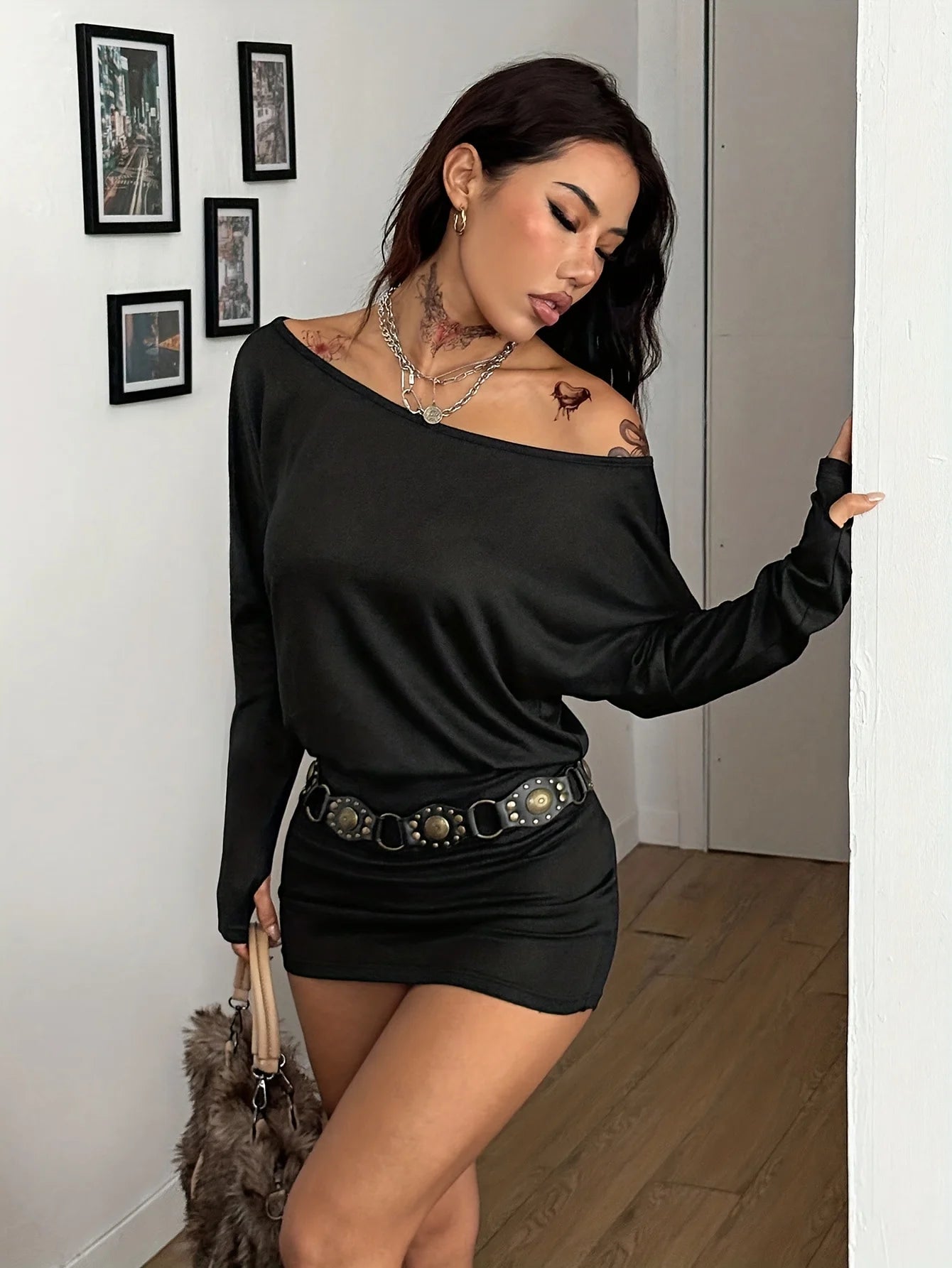 Women'S Y2K Fall Asymmetric Shoulder Batwing Sleeve Mini Dress Casual Daily Black Irregular Hemline No Belt Included