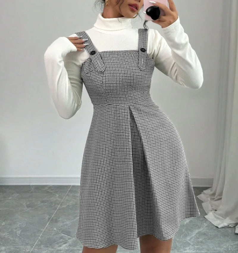 Women Vintage Houndstooth Pinafore Dress High Waist A-Line Mini Dress Adjustable Button Strap Sleeveless Suspender Skirt