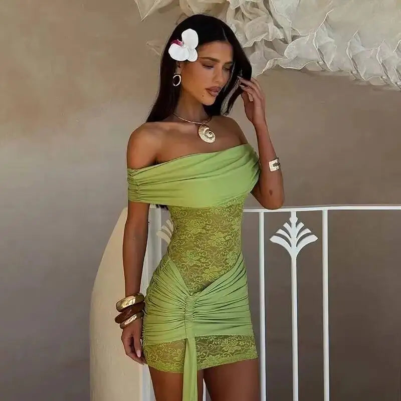 Pleated Slim Bodycon Dress Women off Shoulder Mini 2025 Summer Dress Lace Patchwork Nightclub Sexy Party Dresses