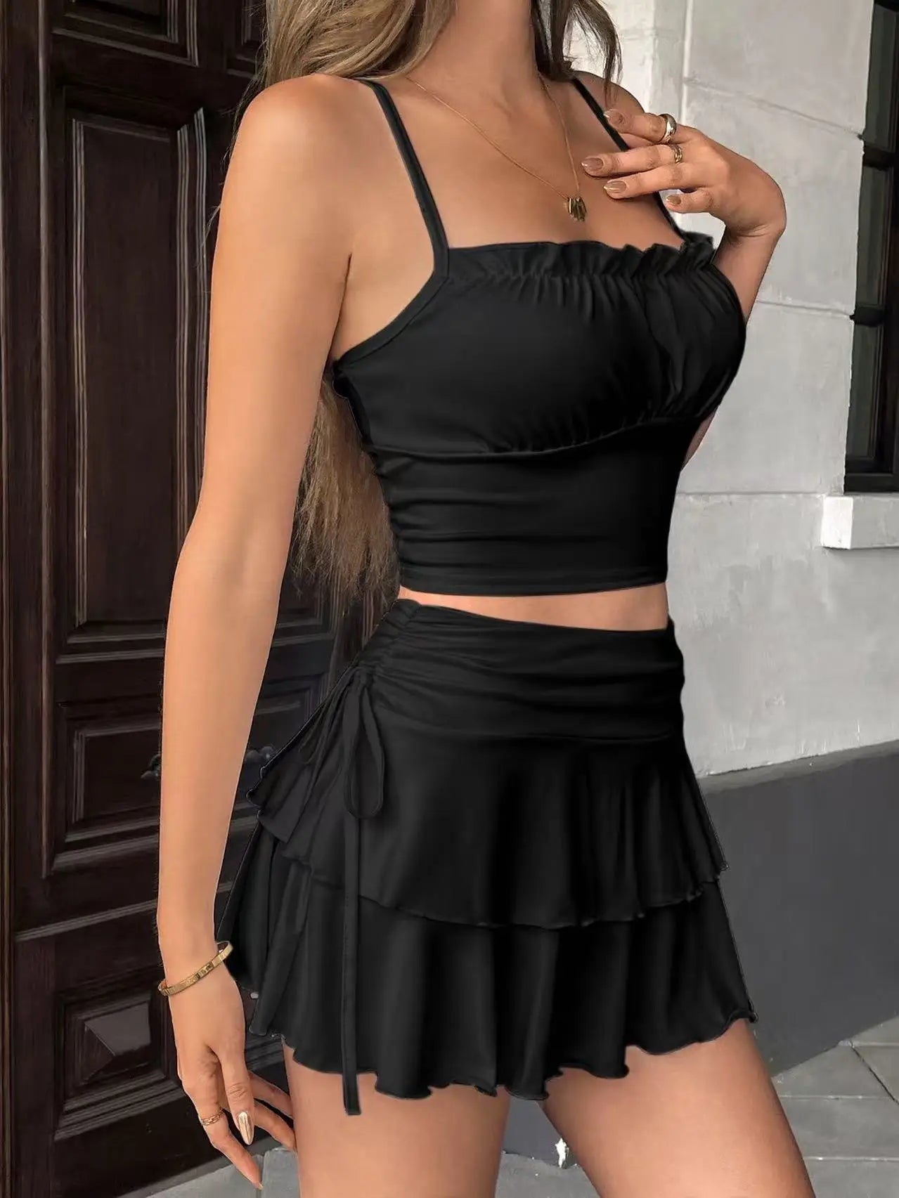 Drawstring and Fold Detail Solid Color Cake Skirt, Spring/Summer, Party Skirt, Beach Skirt, Summer Vacation Outfits