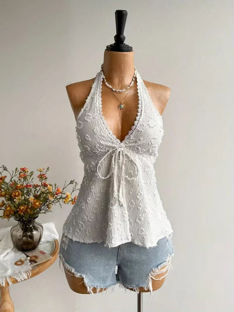 Ladies' Summer V-Neck Lace Neck Strap off Shoulder Leisure Vacation Easter Beach Wear Music Festival Top