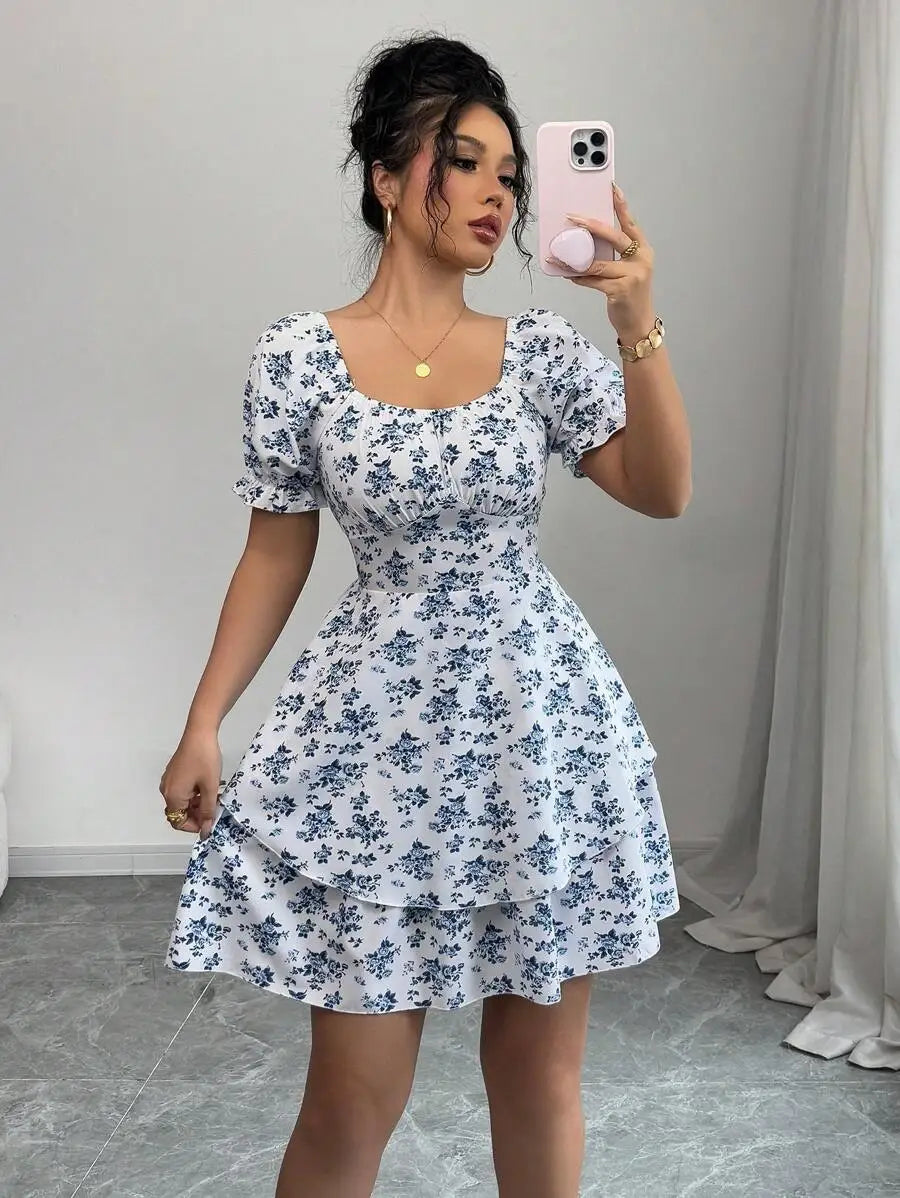 Women'S Casual Ditsy Floral Mini Dress round Neck Short Sleeve Elastic Waist Ruffle Hem Summer Dress for Daily Vacation