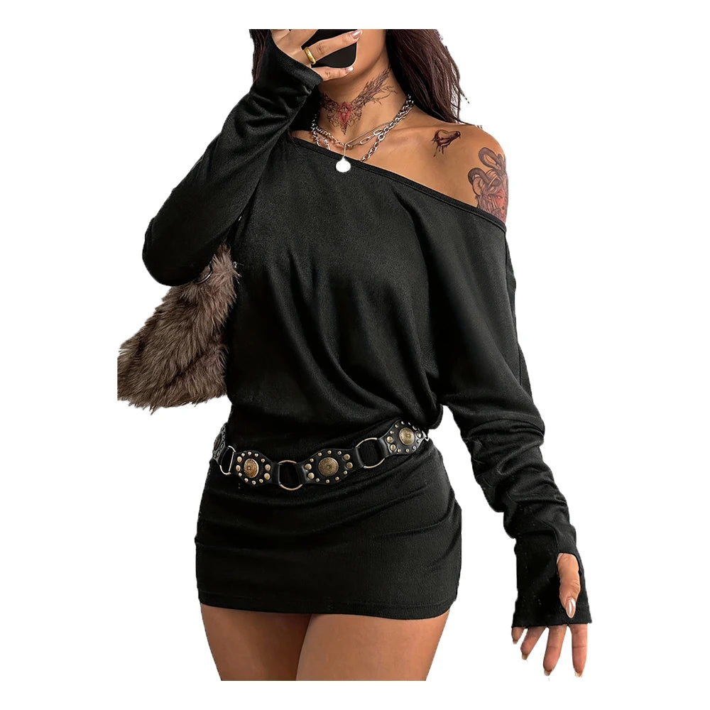Women'S Y2K Fall Asymmetric Shoulder Batwing Sleeve Mini Dress Casual Daily Black Irregular Hemline No Belt Included