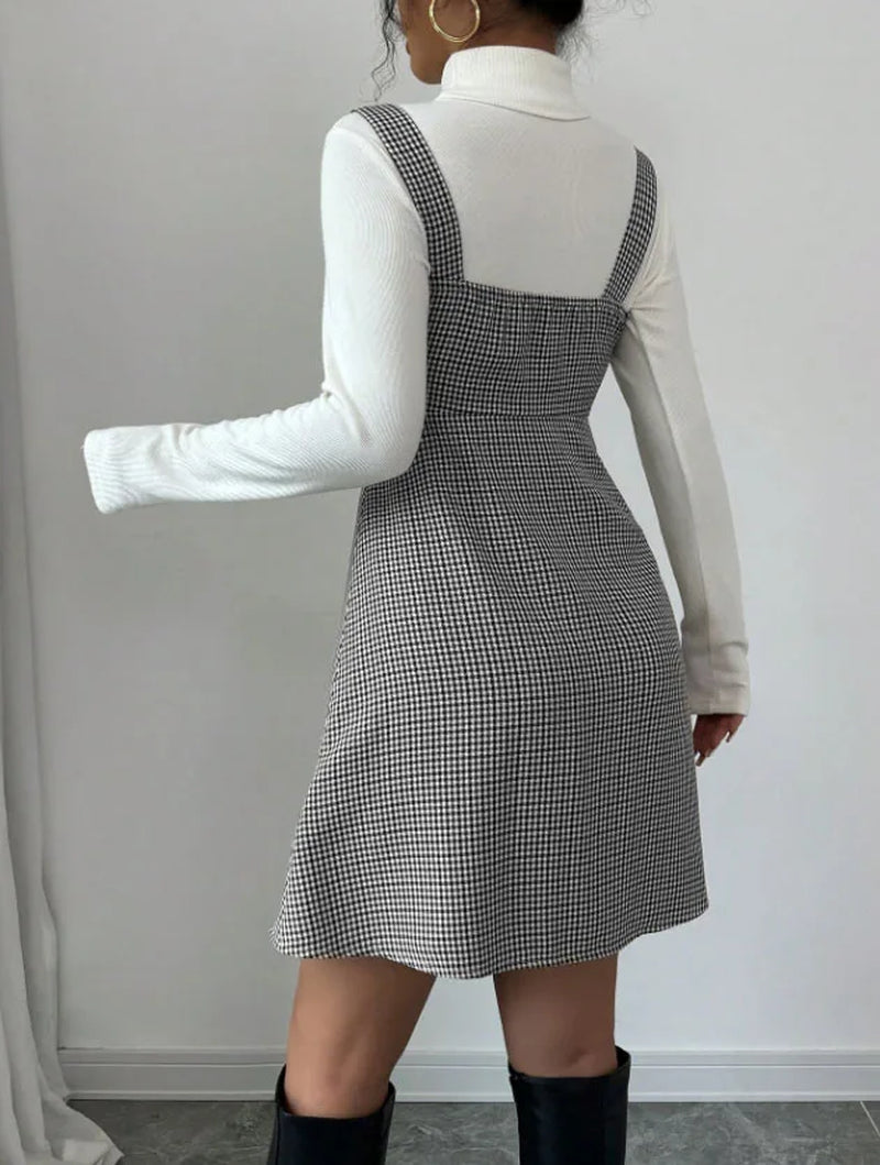 Women Vintage Houndstooth Pinafore Dress High Waist A-Line Mini Dress Adjustable Button Strap Sleeveless Suspender Skirt
