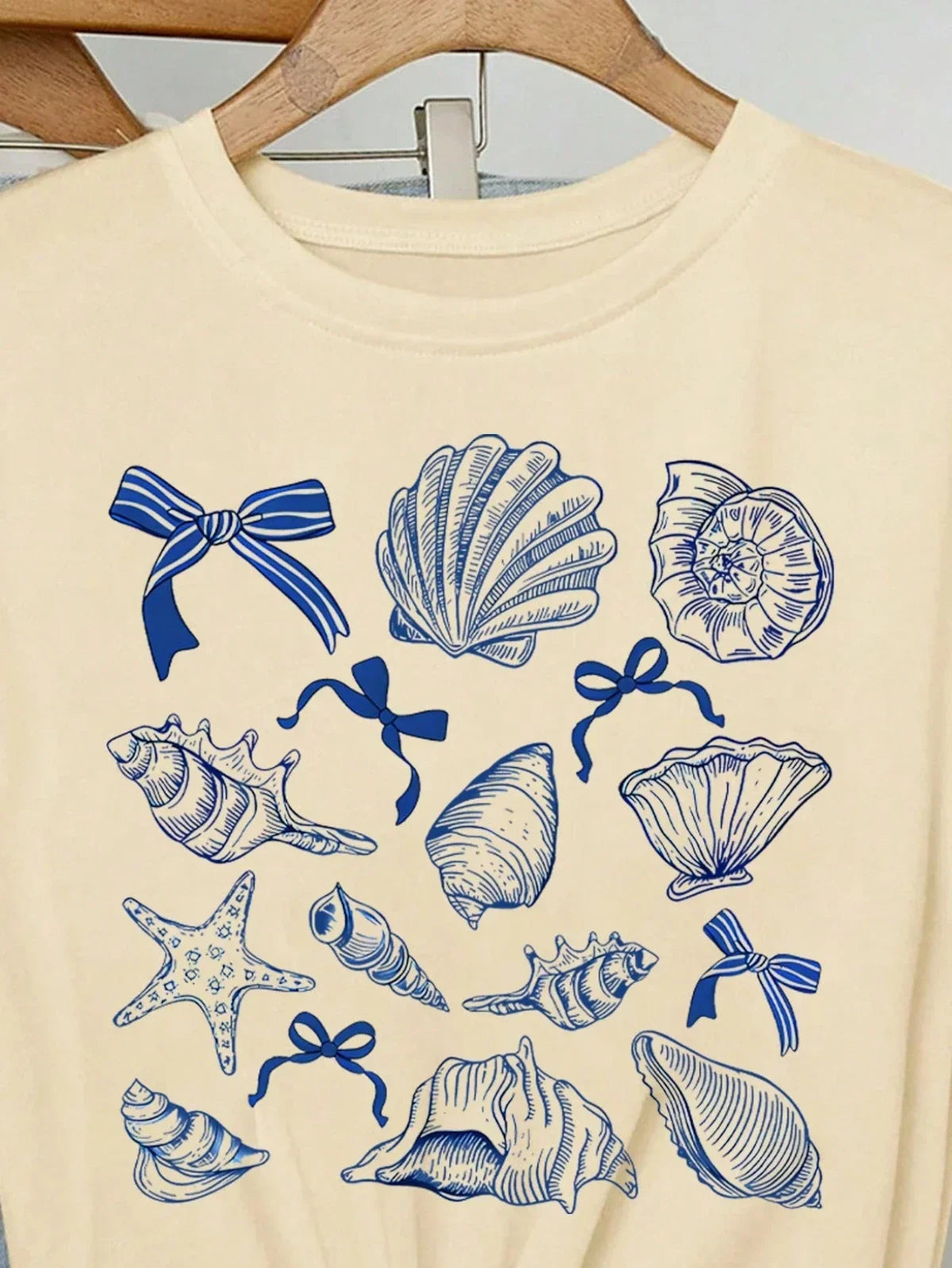 Summer American Retro Marine Animal Conch Bow Pattern Women'S round Neck Street Clothing Half-Sleeved Top Aesthetic Clothes