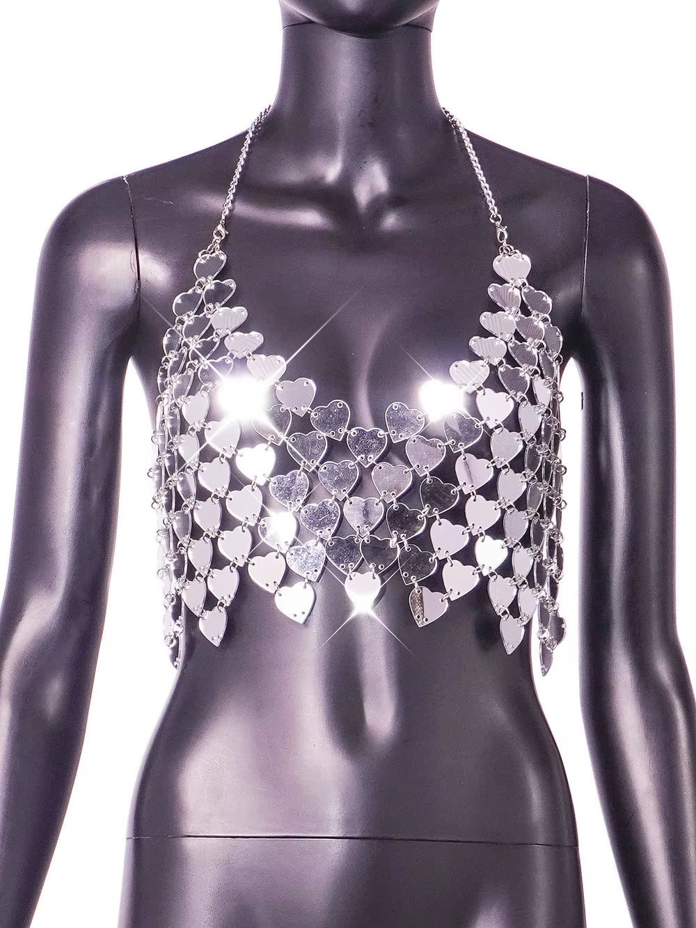 European American Fashion Heart Shaped Vest Glitter Silver Color Top Dance Floor Jewelry Party Acrylic Sexy Wear Backless Sling