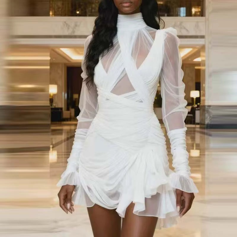 Fashion High Collar Draped Ruffle Mini Dress Elegant Hight Waist Solid Color Short Dress Casual Long Sleeve Women'S Party Dress