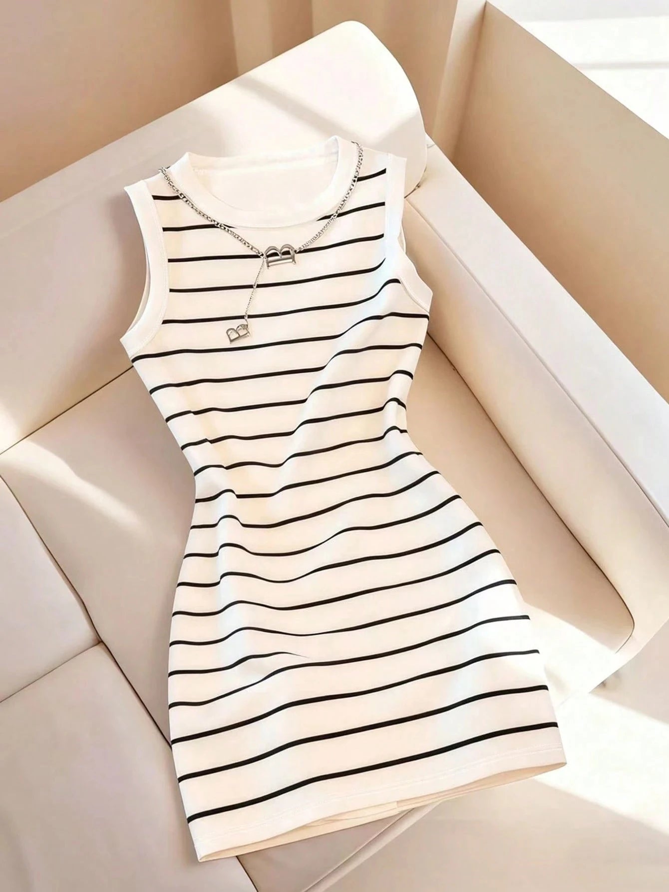 Women'S Spring/Summer Casual Elegant Sleeveless Slim-Fit round Neck Striped Print Dress