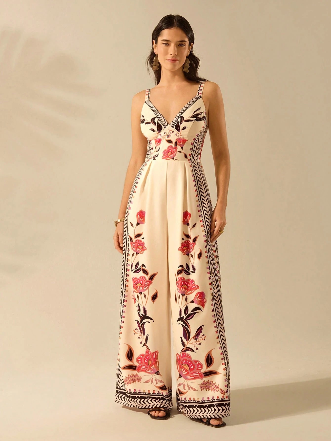 CAJUNI Women'S Boho Tropical Floral Print, Sleeveless Loose Legs Holiday Casual Summer Beach Apricot Jumpsuit