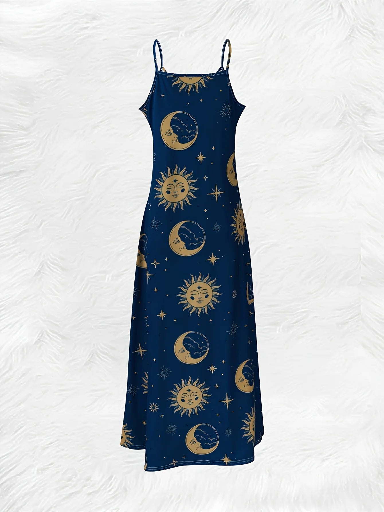 Printed Design Four Seasons Casual Style Sun Moon Stars Pattern Print V-Neck Sling Dress