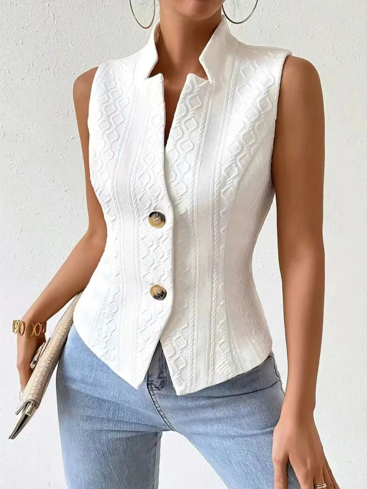 Women'S Elegant V-Neck Sleeveless Blazer Vest Solid White Textured Button-Down Slim Fit Waistcoat Top