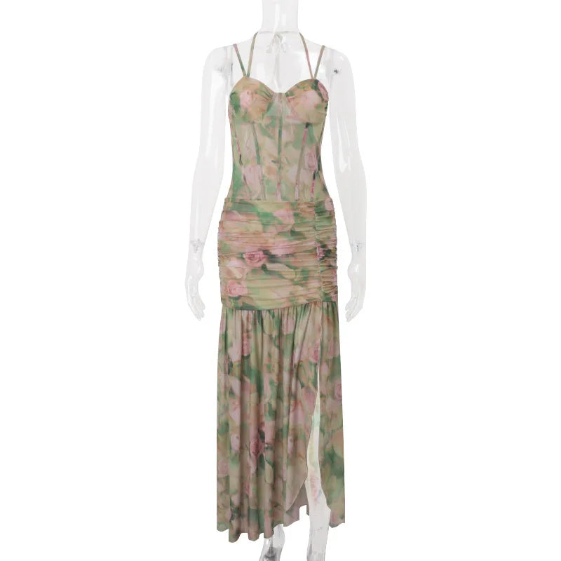 Sexy Sleeveless Floral Print Long Dresses Fashion Women Split Spaghetti Strap Summer Bodycon Casual Beach Evening Party Vestidos