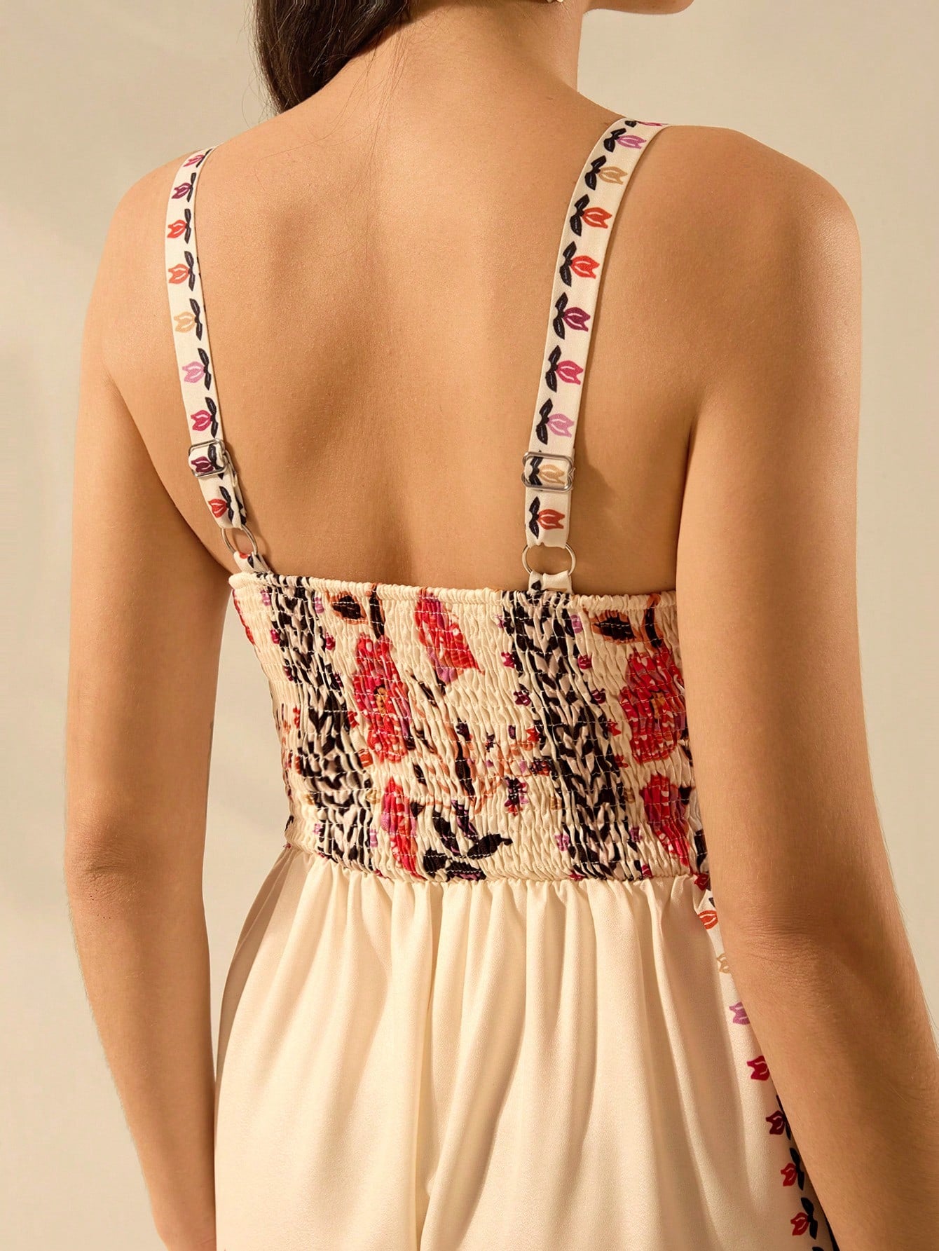 CAJUNI Women'S Boho Tropical Floral Print, Sleeveless Loose Legs Holiday Casual Summer Beach Apricot Jumpsuit