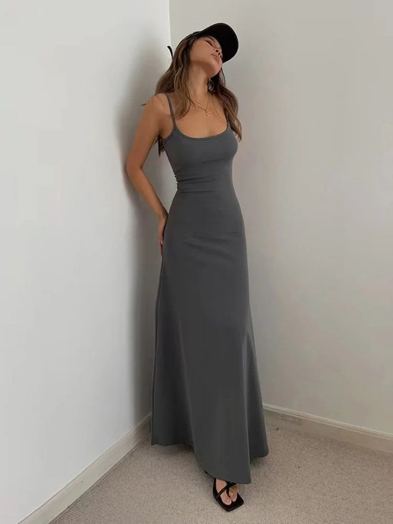 Summer Women'S New Style Fashionable Simple Temperament Sling Long Backless Thin Waist Sexy Sweet Spicy Long Casual Dress