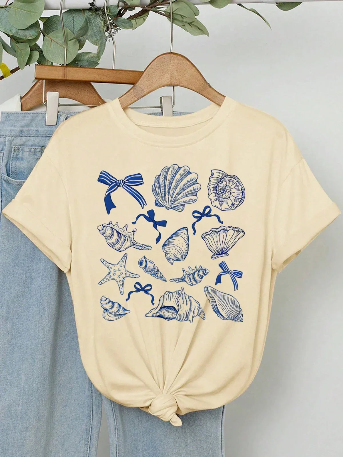 Summer American Retro Marine Animal Conch Bow Pattern Women'S round Neck Street Clothing Half-Sleeved Top Aesthetic Clothes