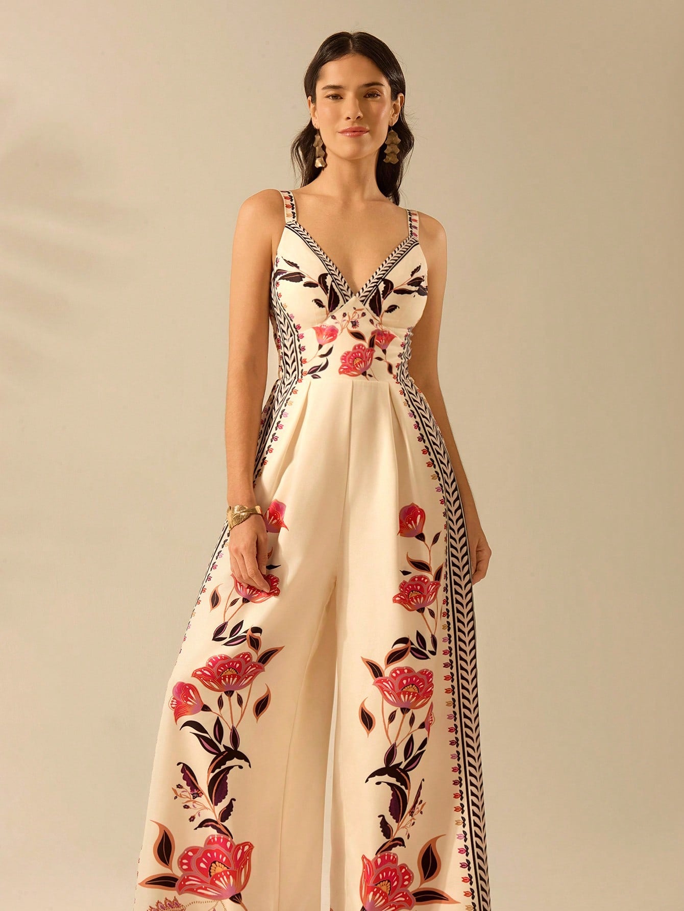 CAJUNI Women'S Boho Tropical Floral Print, Sleeveless Loose Legs Holiday Casual Summer Beach Apricot Jumpsuit