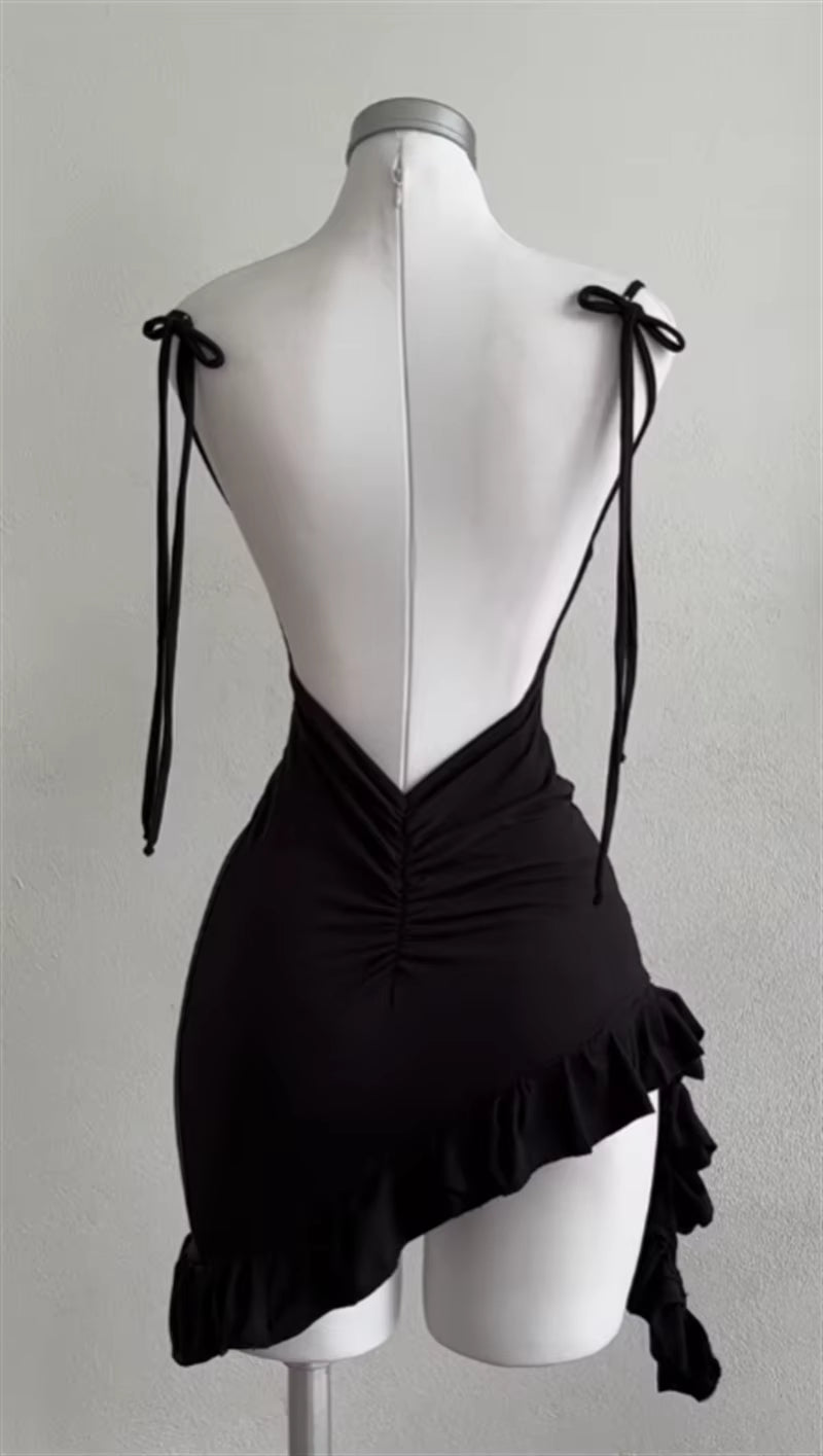 Sleeveless Backless Ruffles Mini Dress Women Summer Y2K Lace up Black Bodycon Dresses Party Club Streetwear 2025 New Sundress
