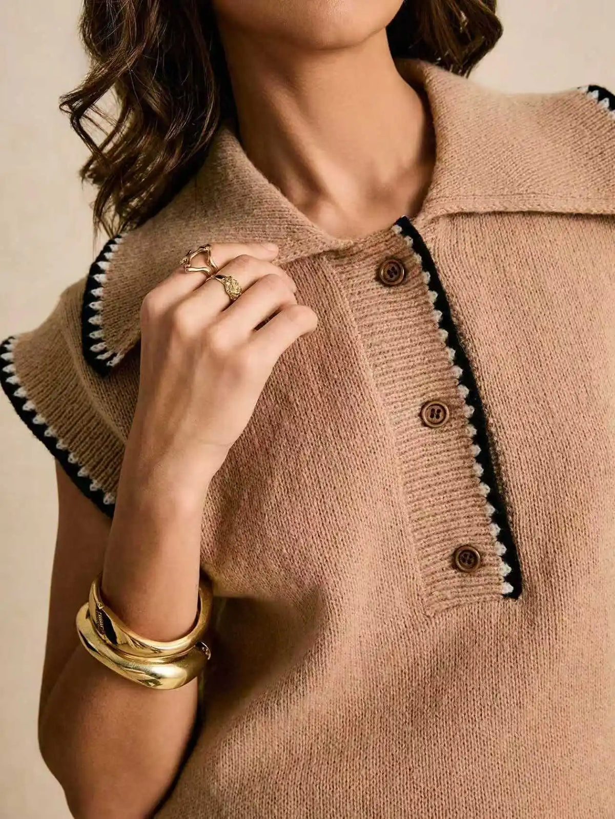 Vintage Contrast Trim Sleeveless Knit Vest Women Lapel Collar Half Button Soft Knit Tank Top Casual Sweater Waistcoat