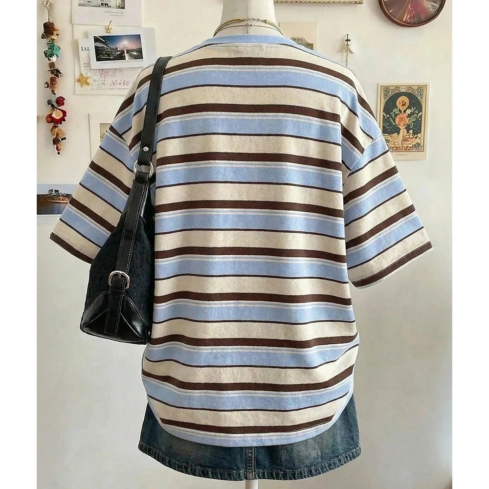 Summer New Y2K Striped 3D Print Casual Oversized Mid-Length round Neck Drop Shoulder Women Tee Street Fashion Casual Sports Top﻿